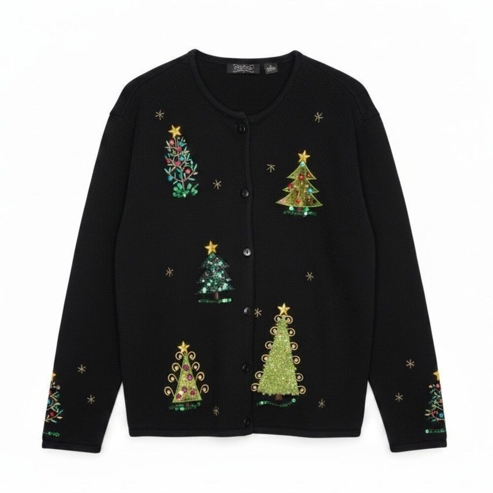 Vintage Crystal Kobe Women's Black XL Christmas Tree Cardigan Sweater Beaded